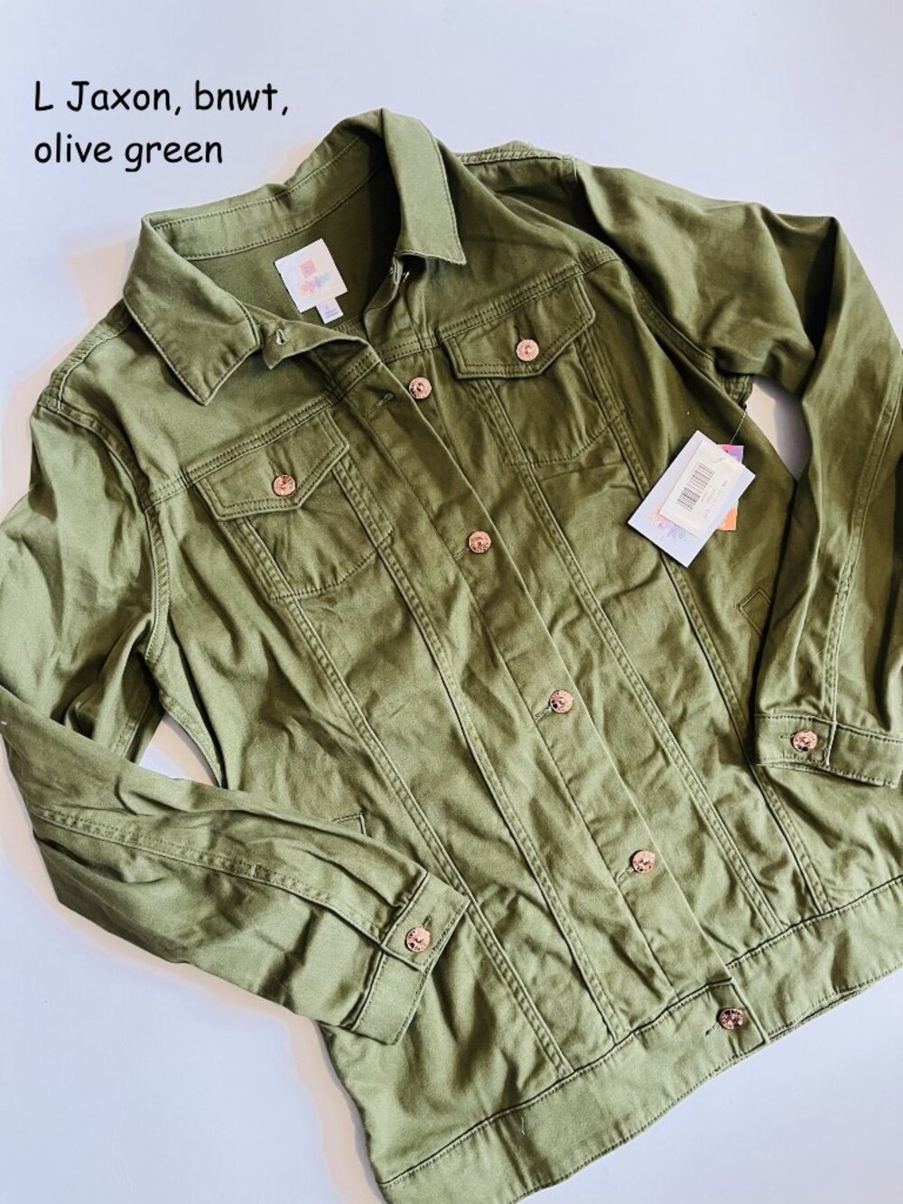 Large Lularoe Jaxon long jean jacket, olive green